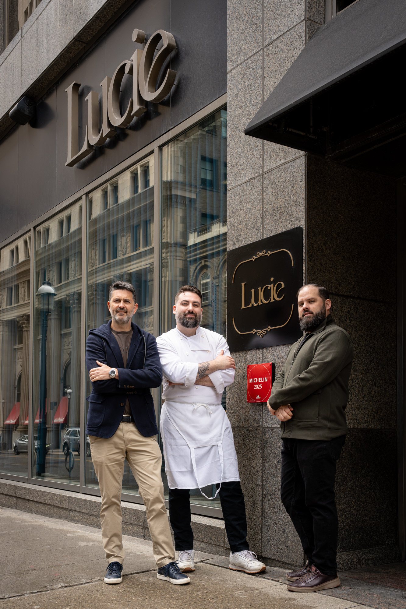 Chef Michael Angeloni with partners Adam Teolis and Yannick Bigourdan outside Restaurant Lucie